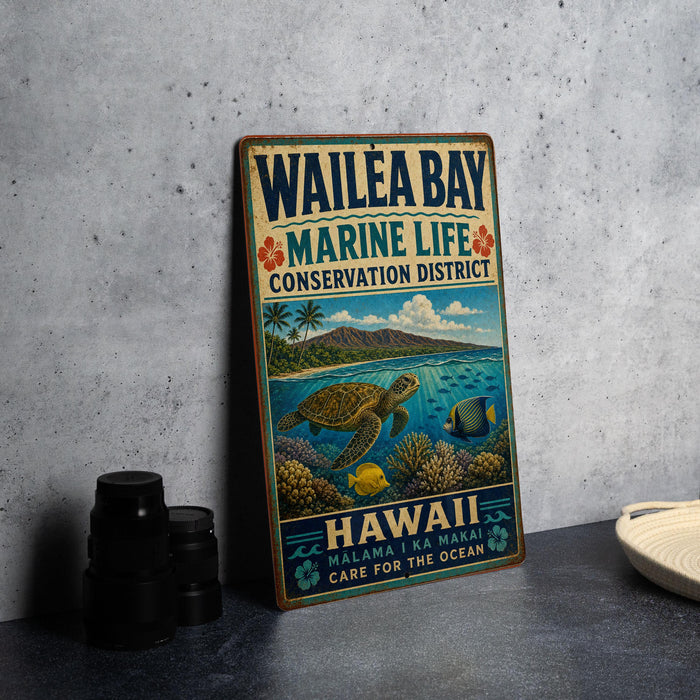 A vintage metal sign for the Wailea Bay Marine Life Conservation District in Hawaii, featuring an illustration of a sea turtle swimming among coral and tropical fish.