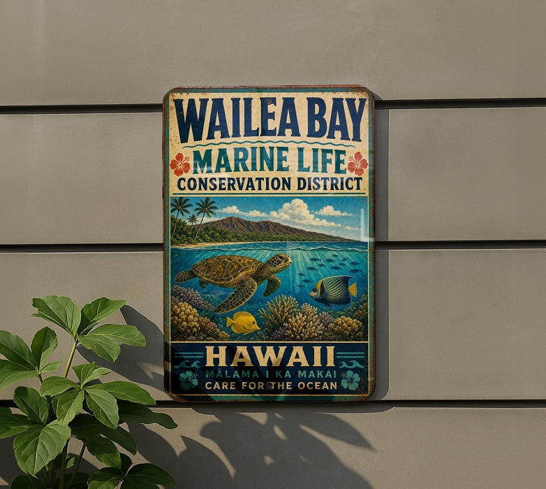 A vintage metal sign for Wailea Bay, Hawaii, featuring a turtle and tropical plants, mounted on a wall.
