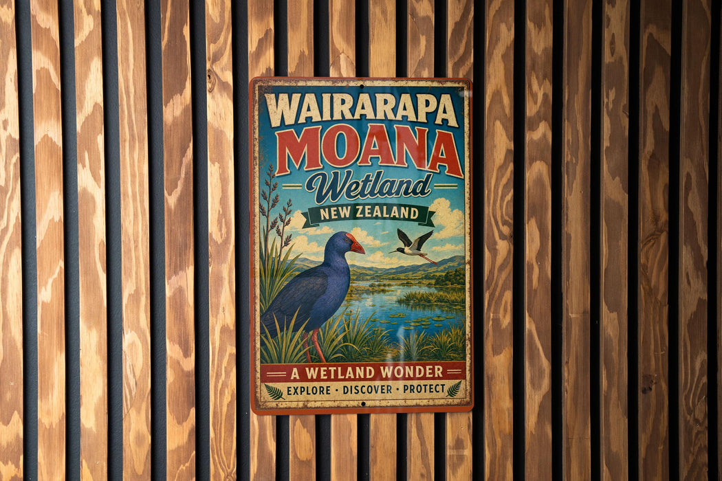 A vintage metal sign advertising Waiarapa Moana Wetland in New Zealand, featuring a bird and a scenic landscape.
