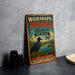 A vintage-style metal sign for Wairarapa Moana Wetland in New Zealand, featuring a blue bird and a scenic landscape.