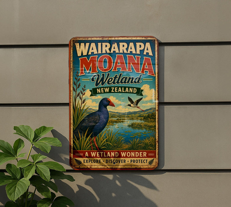 A vintage-style metal sign advertising Waiarapa Moana Wetland in New Zealand, featuring a bird and a scenic landscape.