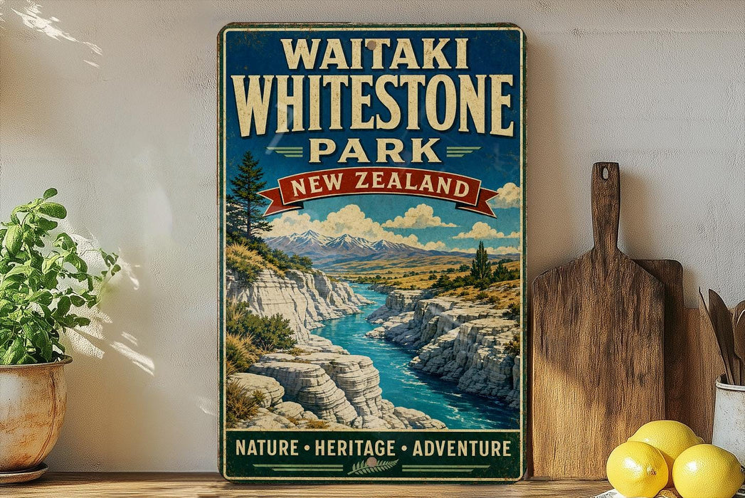 A vintage-style sign for Waitaki Whitestone Park in New Zealand, featuring a scenic landscape with a river and mountains.