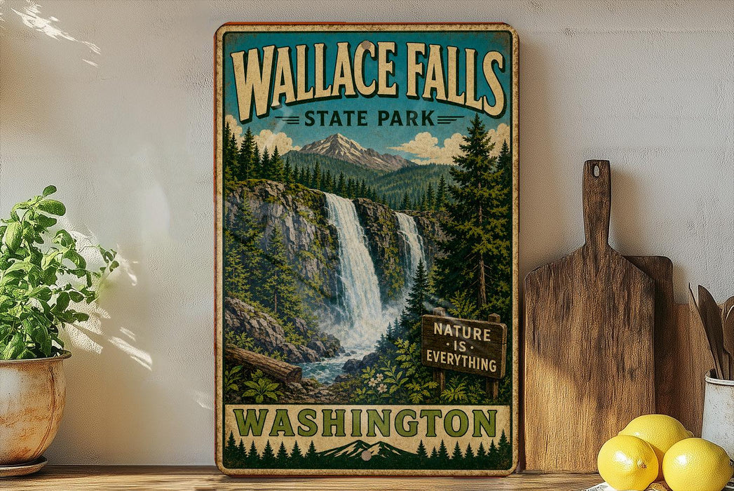 A vintage-style sign for Wallace Falls State Park in Washington, featuring a waterfall surrounded by pine trees and mountains.