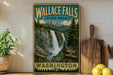 A vintage-style sign for Wallace Falls State Park in Washington, featuring a waterfall surrounded by pine trees and mountains.