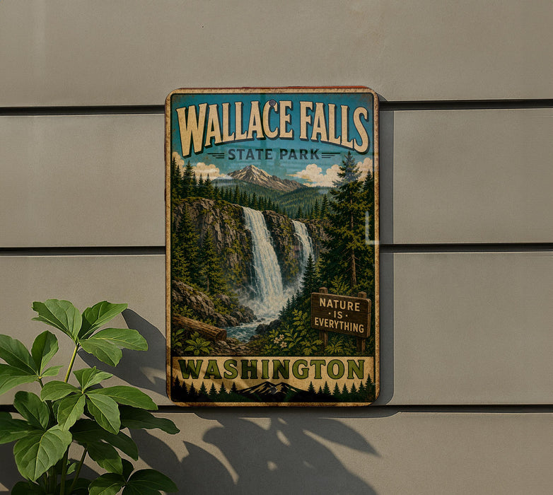 A vintage-style metal sign for Wallace Falls State Park in Washington, featuring a waterfall and forest landscape.