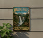 A vintage-style metal sign for Wallace Falls State Park in Washington, featuring a waterfall and forest landscape.