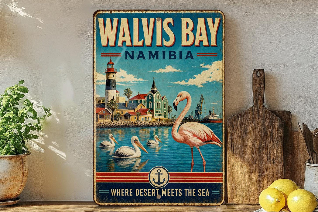 A vintage-style metal sign for Walvis Bay, Namibia, featuring a pink flamingo, a lighthouse, and a coastal town.