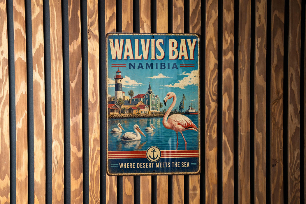 A vintage metal sign for Walvis Bay, Namibia, featuring a pink flamingo and a coastal cityscape.