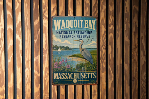 A metal sign with the text "Waqoit Bay National Estuarine Research Reserve Massachusetts" is displayed on a wooden fence.