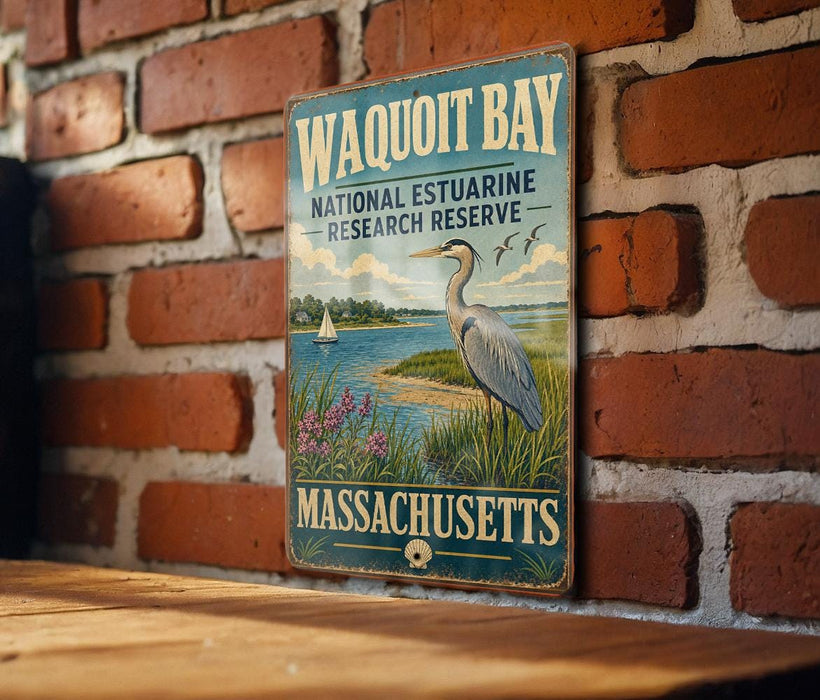 A vintage metal sign for Waquoit Bay National Estuarine Research Reserve, featuring a seagull and a scenic landscape.