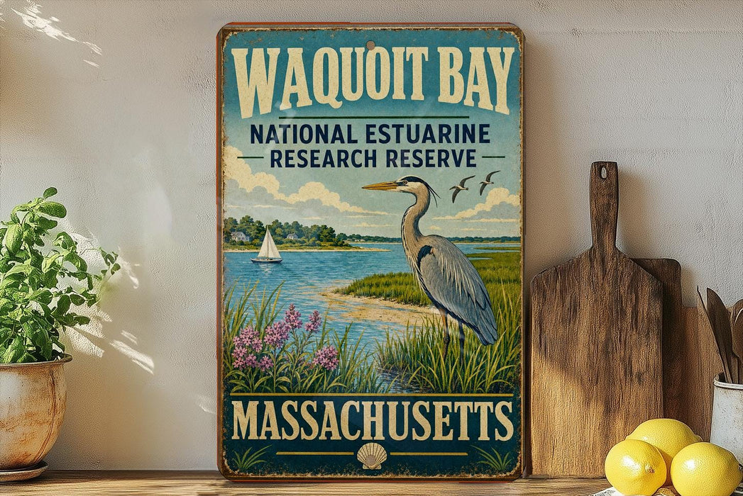 A vintage-style sign for the Wauoit Bay National Estuarine Research Reserve in Massachusetts, featuring a seagull, a sailboat, and a grassy shoreline.