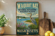 A vintage-style sign for the Wauoit Bay National Estuarine Research Reserve in Massachusetts, featuring a seagull, a sailboat, and a grassy shoreline.