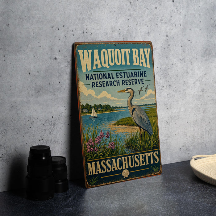A vintage-style metal sign for Waquoit Bay National Estuarine Research Reserve, featuring an illustration of a crane and a seagull, is displayed on a gray countertop next to some black camera lenses.