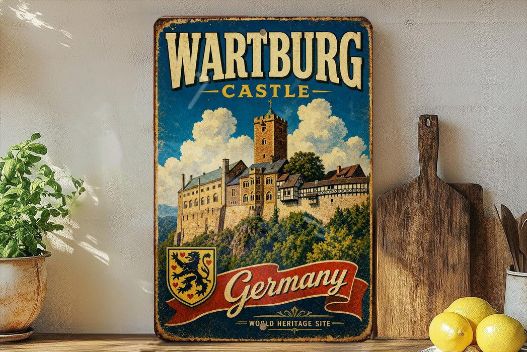 A vintage-style metal sign displaying the name "Wartburg Castle" and the word "GERMANY" in bold letters, with a castle illustration and a coat of arms. The sign is placed on a wooden surface, with a potted plant, a wooden cutting board, and some lemons nearby.