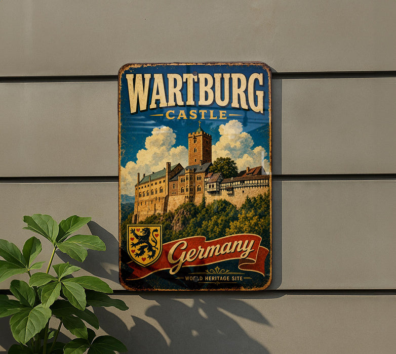 A vintage metal sign for Wartburg Castle in Germany, featuring an illustration of the castle and the text "Wartburg Castle" prominently displayed.