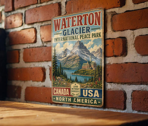 A vintage metal sign advertising Waterton Glacier International Peace Park, featuring a scenic mountain landscape with a lake and forest.