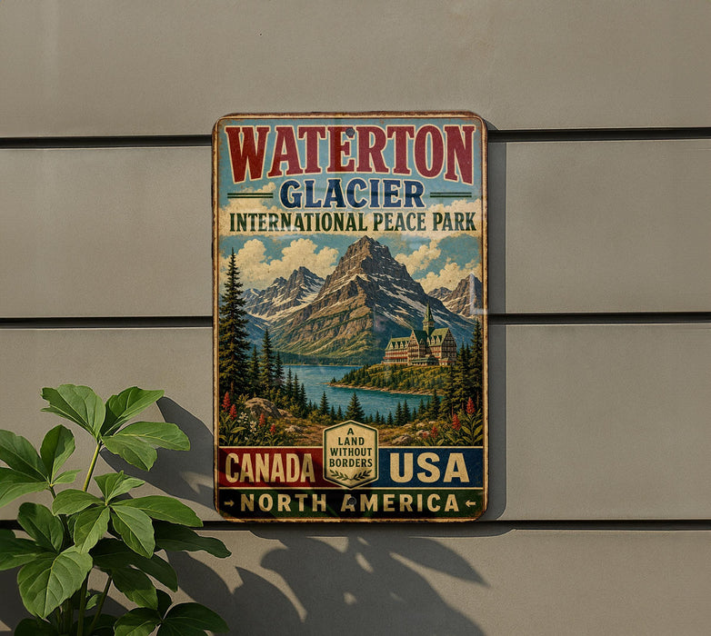 A vintage-style metal sign advertising Waterton Glacier International Peace Park, featuring a scenic mountain landscape with a lake and buildings.