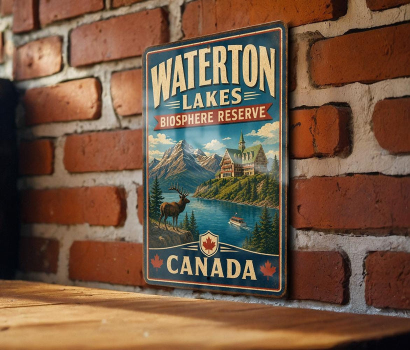 A vintage-style sign for Waterton Lakes Biosphere Reserve in Canada, featuring a scenic landscape with mountains, a lake, and a deer.