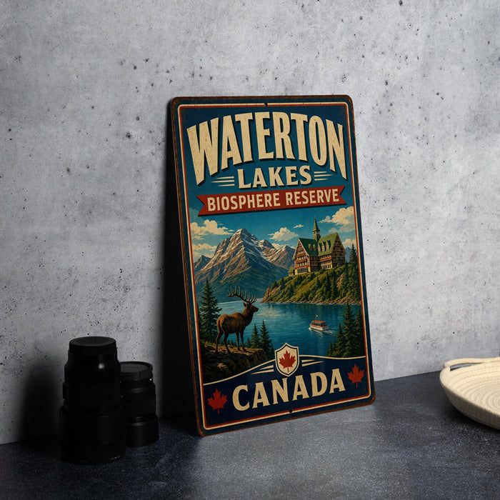 A vintage-style metal sign for Waterton Lakes Biosphere Reserve in Canada, featuring a scenic landscape with mountains, a lake, and a castle.