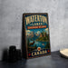 A vintage-style metal sign for Waterton Lakes Biosphere Reserve in Canada, featuring a scenic landscape with mountains, a lake, and a castle.