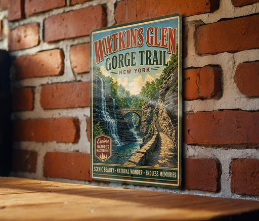 A vintage-style metal sign for Watkins Glen Gorge Trail in New York, featuring a scenic illustration of a waterfall and a bridge.