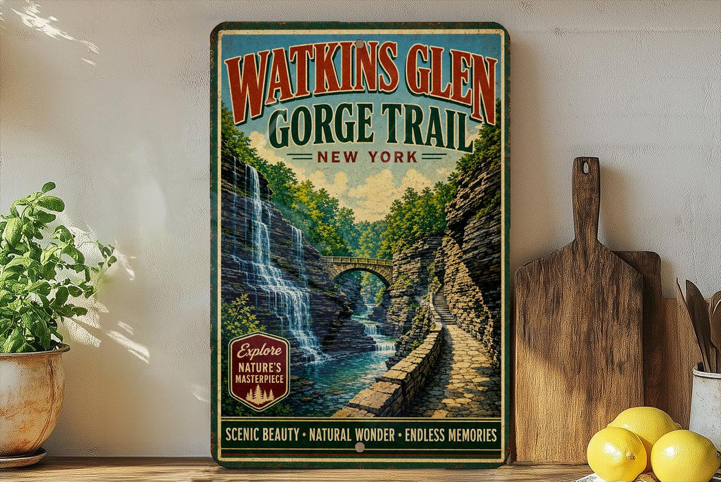 A vintage-style metal sign for Watkins Glen Gorge Trail in New York, featuring a scenic waterfall and lush greenery.