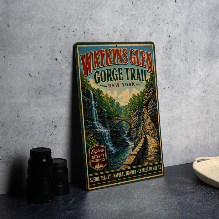 A vintage metal sign for Watkins Glen Gorge Trail in New York, featuring a scenic illustration of a waterfall and a bridge.