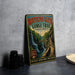 A vintage metal sign for Watkins Glen Gorge Trail in New York, featuring a scenic illustration of a waterfall and a bridge.