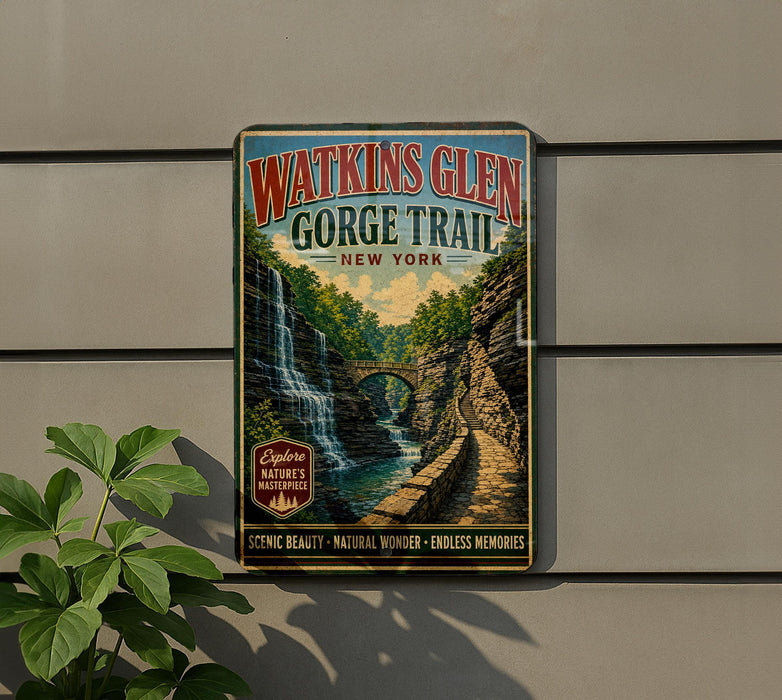 A vintage-style metal sign for Watkins Glen Gorge Trail in New York, featuring a scenic image of a waterfall surrounded by lush greenery.