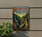 A vintage-style metal sign for Watkins Glen Gorge Trail in New York, featuring a scenic image of a waterfall surrounded by lush greenery.