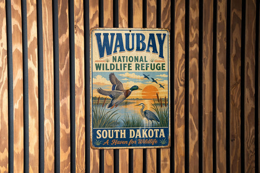 A vintage metal sign for the Waubay National Wildlife Refuge in South Dakota, featuring an illustration of ducks and a sunset.