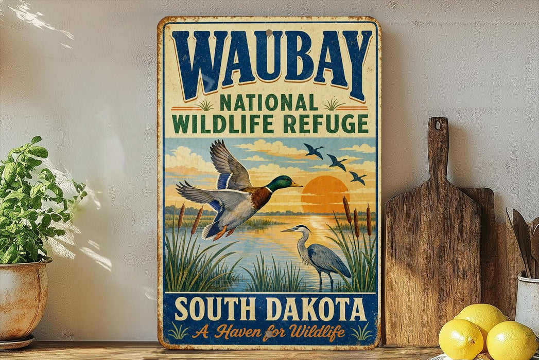 A vintage-style metal sign for the Waubay National Wildlife Refuge in South Dakota, featuring illustrations of ducks and other wildlife.