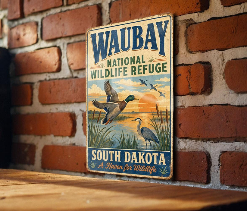 A vintage-style metal sign for the Waubay National Wildlife Refuge in South Dakota, featuring illustrations of ducks and other wildlife.