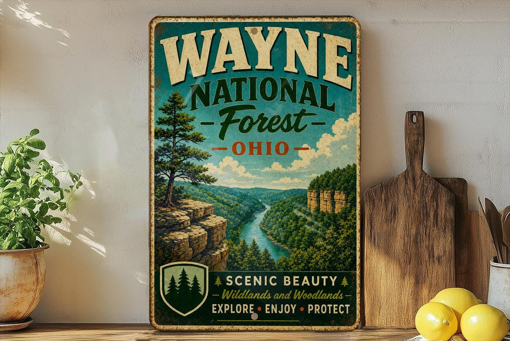 A vintage-style metal sign for Wayne National Forest in Ohio, featuring a scenic landscape with a river and mountains.