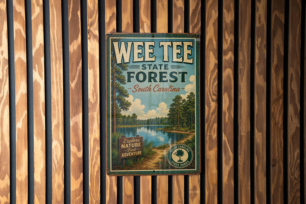 A vintage-style poster for the Wee Tee State Forest in South Carolina, featuring a scenic landscape with a lake and trees.