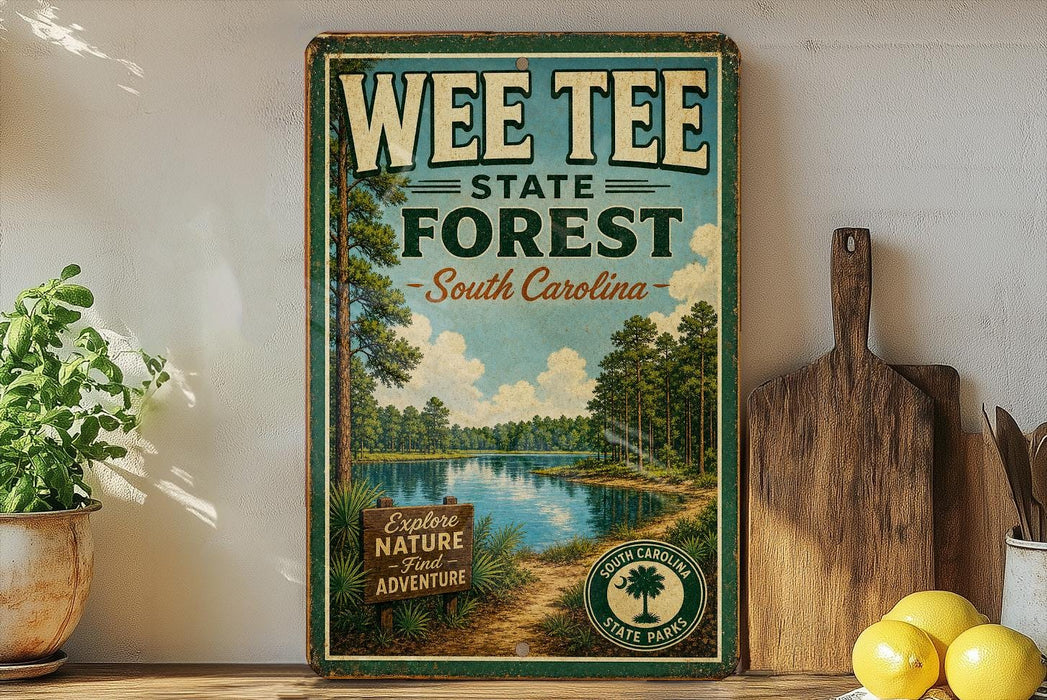 A vintage-style poster advertising WEE TEE STATE FOREST, South Carolina, featuring a scenic landscape with a lake and trees.