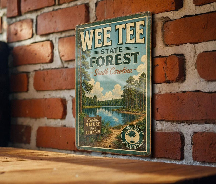 A vintage-style metal sign for WEE TEE State Forest in South Carolina, featuring a scenic landscape with a lake and trees.
