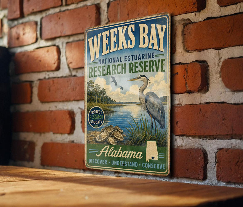 A vintage-style metal sign for Weeks Bay National Estuarine Research Reserve in Alabama, featuring an illustration of a bird and a body of water.