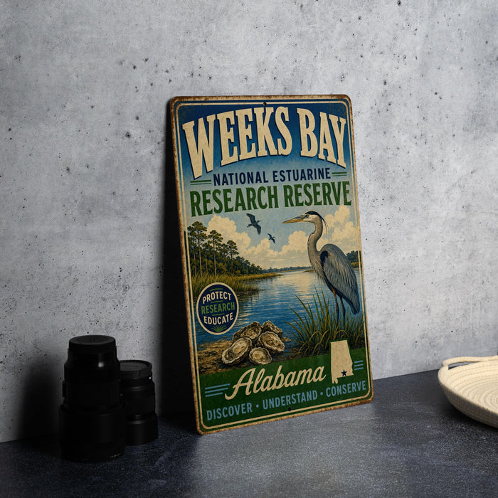 A vintage-style metal sign for Weeks Bay National Estuarine Research Reserve, featuring an illustration of a bird and a body of water.