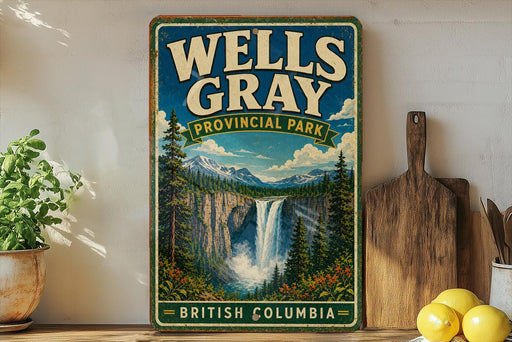 A vintage-style sign for Wells Gray Provincial Park in British Columbia, featuring a scenic image of a waterfall surrounded by pine trees and mountains.