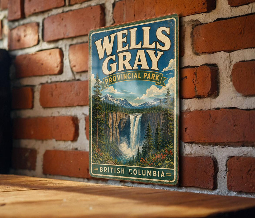 A vintage-style metal sign for Wells Gray, a scenic mountain park in British Columbia, Canada.