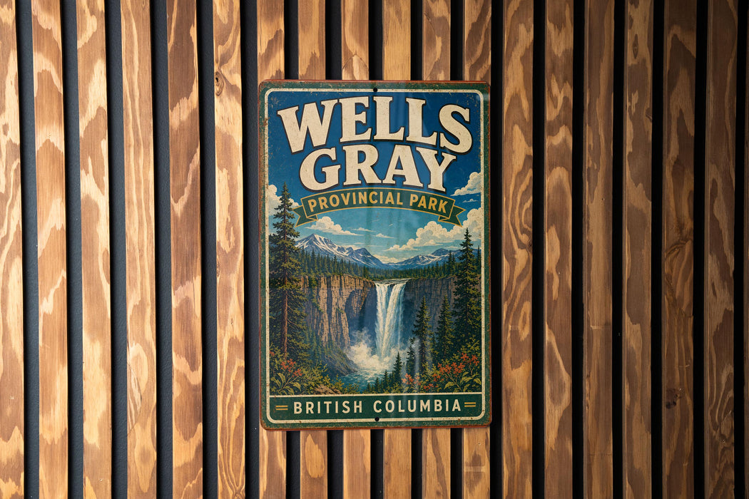 A vintage metal sign for Wells Gray Provincial Park in British Columbia, Canada, featuring a scenic image of a waterfall surrounded by mountains.