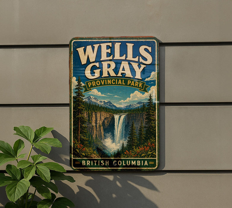 A vintage-style metal sign for Wells Gray Provincial Park in British Columbia, featuring a scenic image of a waterfall surrounded by pine trees.
