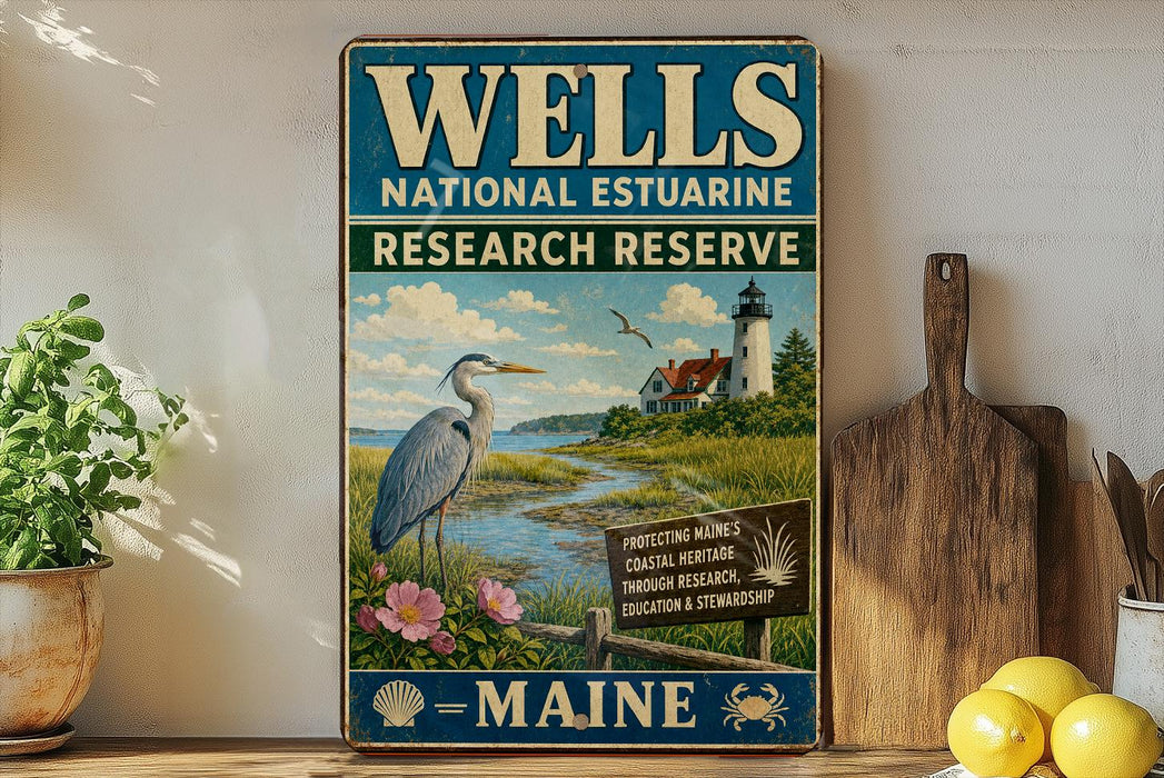 A vintage-style sign for Wells National Estuarine Research Reserve in Maine, featuring a seagull, a lighthouse, and a coastal landscape.