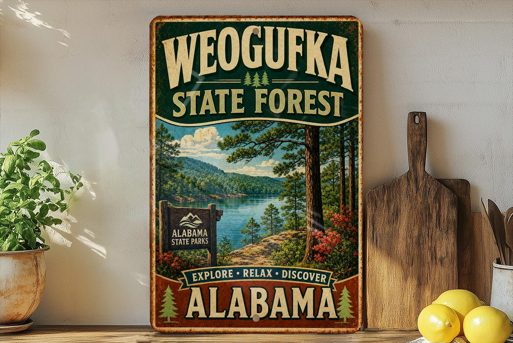 A vintage-style metal sign for Weoguffee State Forest in Alabama, featuring a scenic landscape with a lake and pine trees.
