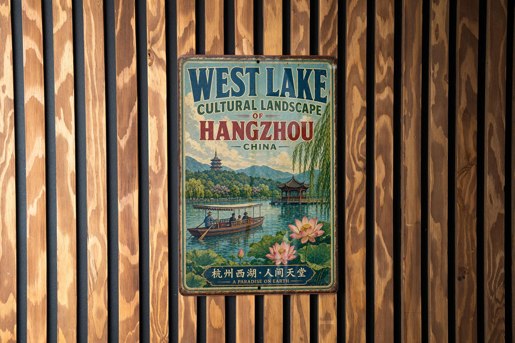 A vintage-style sign for West Lake, a cultural landscape in Hangzhou, China, featuring a scenic image of boats on a lake surrounded by traditional Chinese architecture and vegetation.