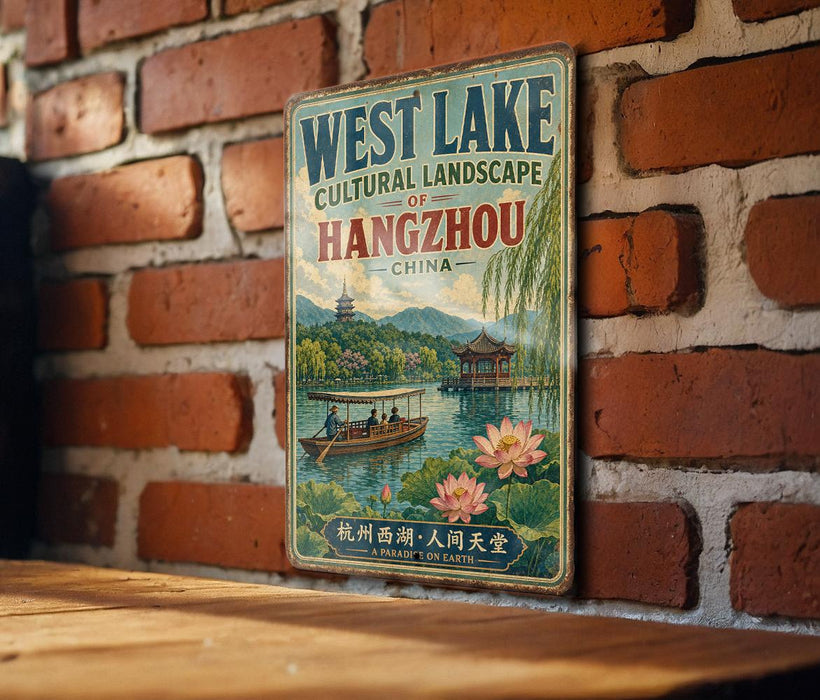 A vintage-style metal sign for West Lake, a cultural landscape in Hangzhou, China, featuring a scenic image of a traditional Chinese boat on a lake.