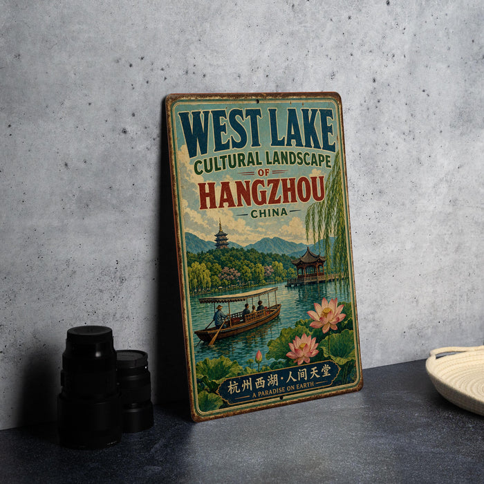 A vintage-style sign advertising the West Lake Cultural Landscape of Hangzhou, China, featuring a scenic illustration of a traditional Chinese boat on a lake with mountains in the background.
