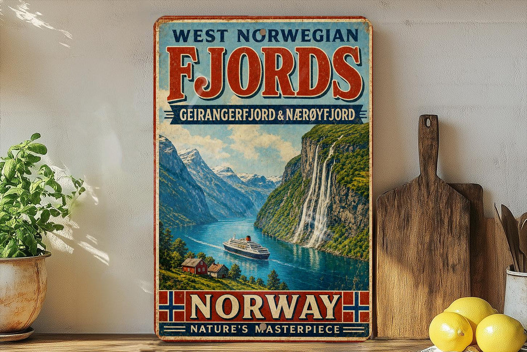 A vintage-style sign advertising West Norse Fjords, featuring a scenic image of a waterfall and a ship, is displayed on a shelf next to a potted plant and a wooden cutting board.