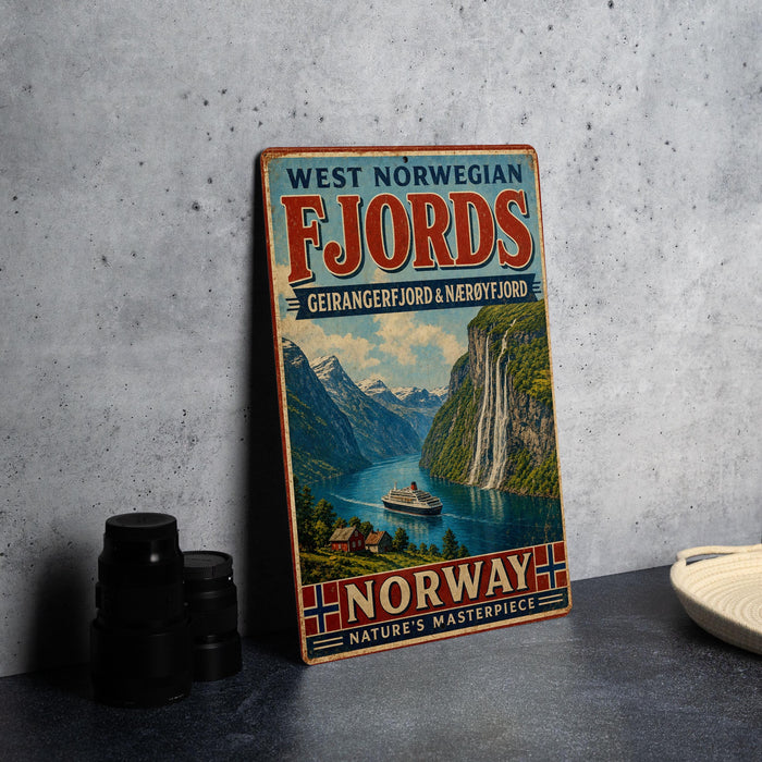 A vintage-style metal sign advertising West Norwegian Fjords, featuring a scenic image of a waterfall and mountains, with the text "West Norwegian Fjords" and "Norway's Masterpiece".